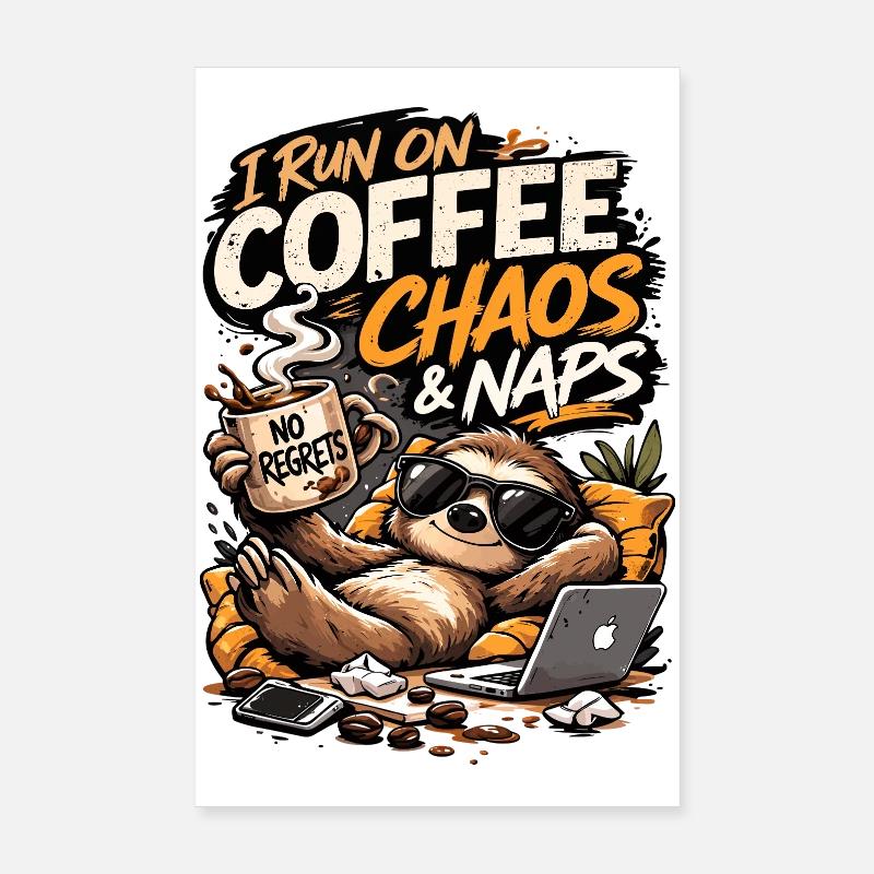 Coffee Chaos & Naps Sloth Tee Poster 8" x 12" (20x30 cm)