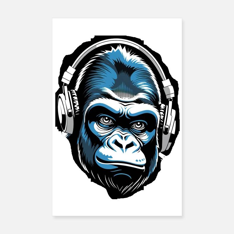 Musique Monkey Gorilla avec des écouteurs comme idée cadeau Poster 20 x 30 cm