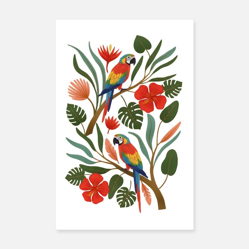 Perroquets tropicaux dans la forêt florale Poster 20 x 30 cm