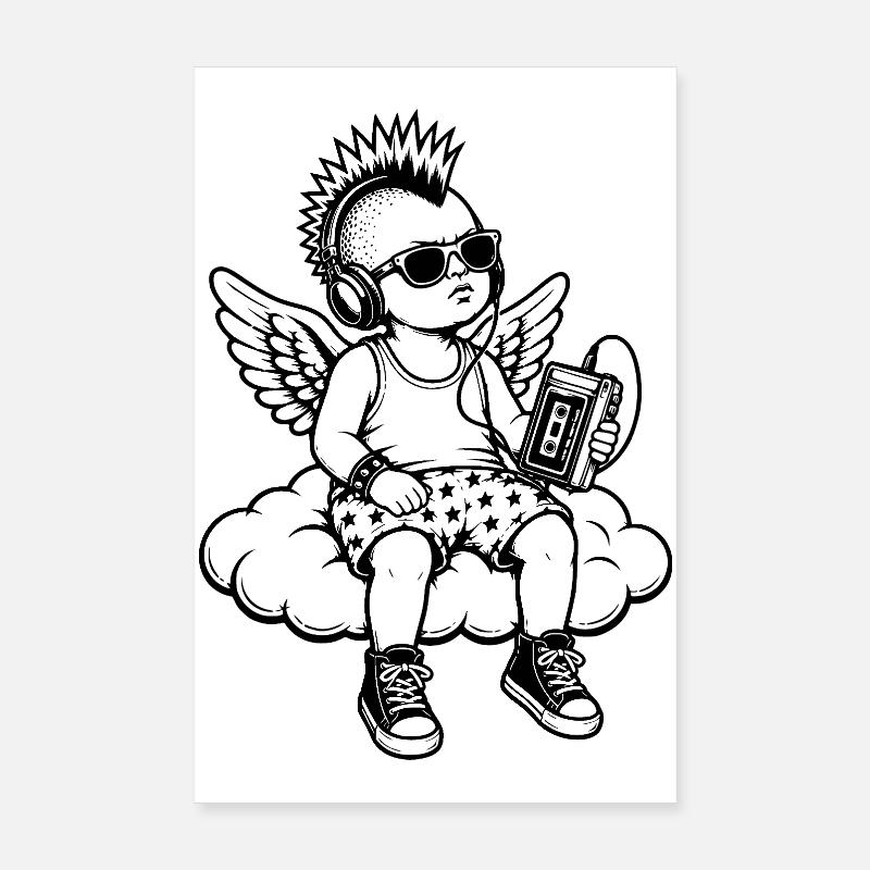 Punk Cherub with Walkman on Cloud Poster 8" x 12" (20x30 cm)