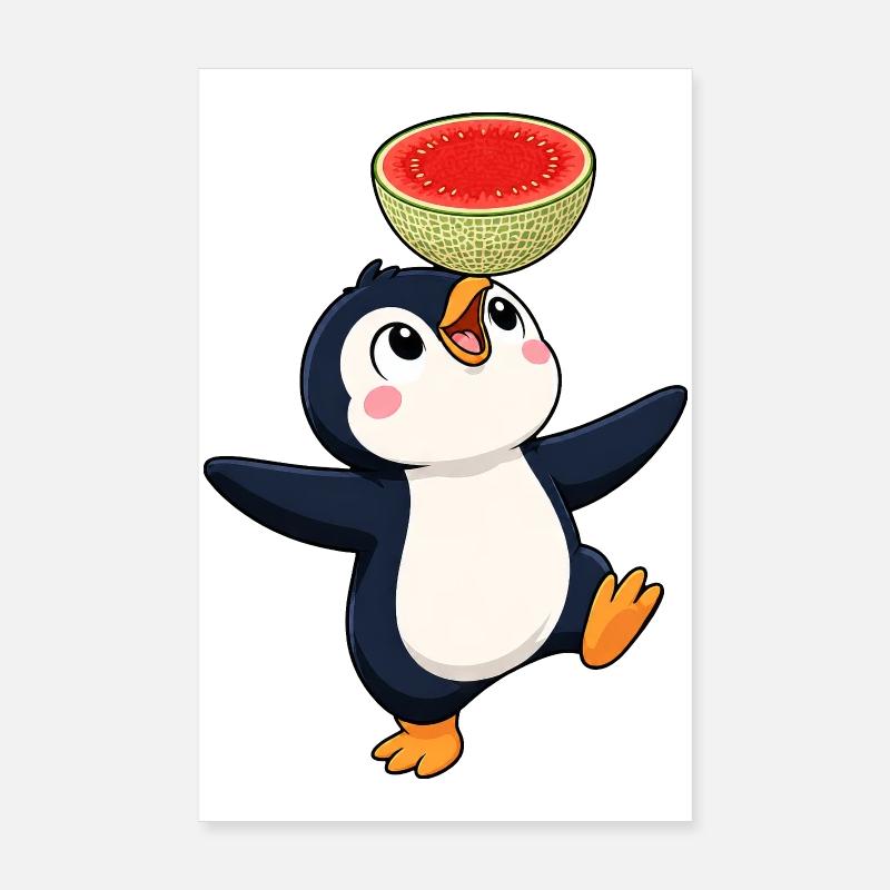 Dessin animé Pingouin mignon Melon Équilibre l’été Poster 20 x 30 cm