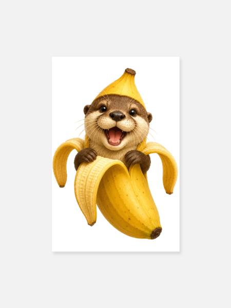 Loutre dans banane, motif drôle d’animal avec motif fruité - Poster 20 x 30 cm - blanc - Devant