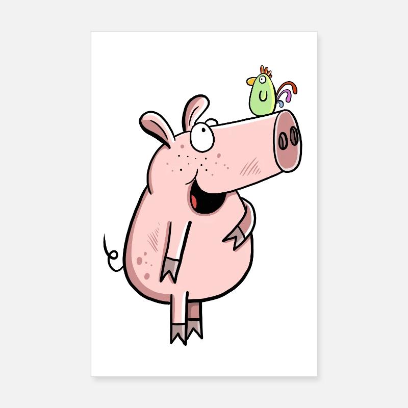 Schwein Mit Hahn I Comic Kinder Bauernhof Wutz Fun Poster 20x30 cm