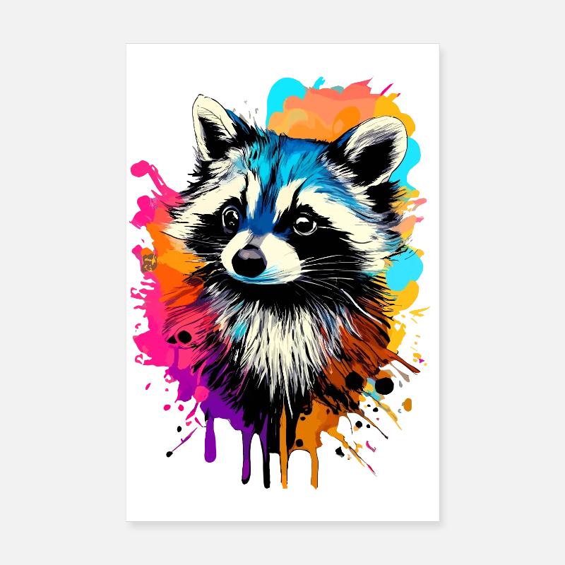 Waschbär Farbenfroh - Waschbär Raccoon - Poster 20x30 cm - Weiß
