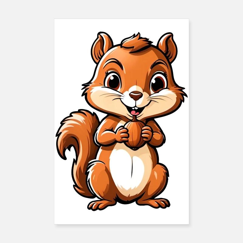 Mignon Dessin Animé Écureuil Tenant Gland Poster 20 x 30 cm