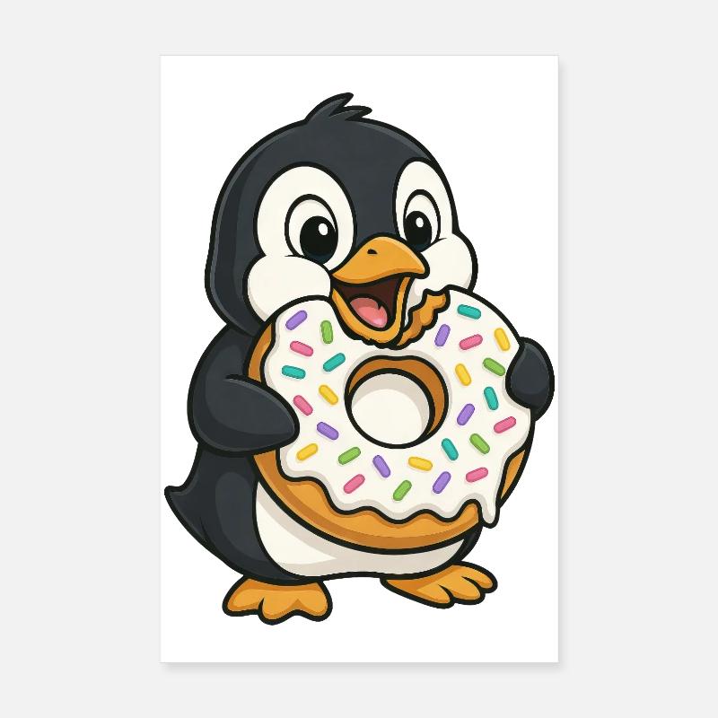 Cute Penguin with Donut Dessert Snacking Poster 8" x 12" (20x30 cm)