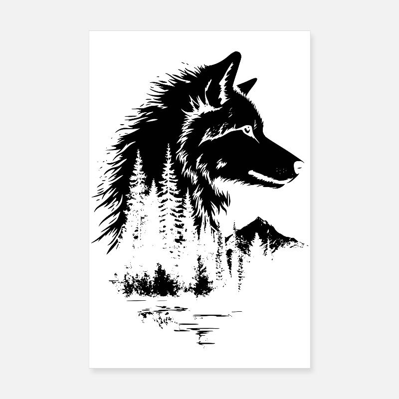 Wolf Gesicht Wald Silhouette Poster 20x30 cm