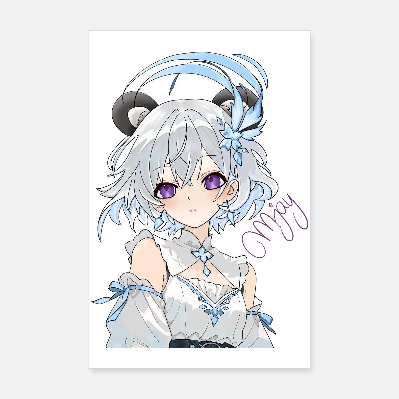 Fille anime bleue et blanche avec des fleurs Poster 20 x 30 cm