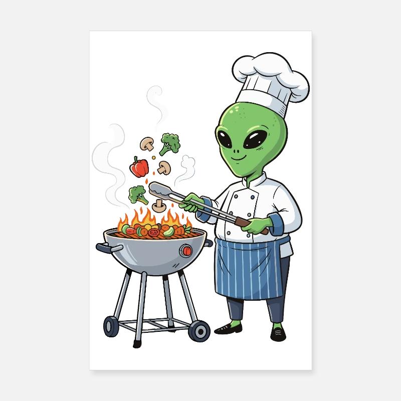 Alien chef grilling vegetables Poster 8" x 12" (20x30 cm)