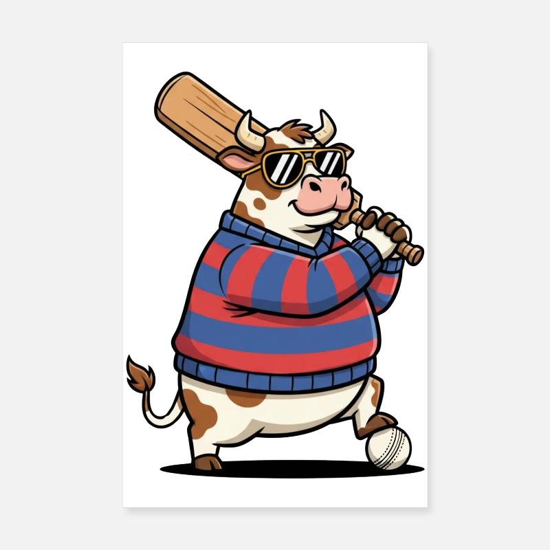Grillon de vache drôle avec batte et balle Poster 20 x 30 cm