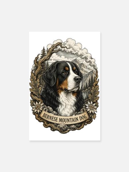 Style Bernese Mountain Dog Vintage avec un paysage montagneux - Poster 20 x 30 cm - blanc - Devant