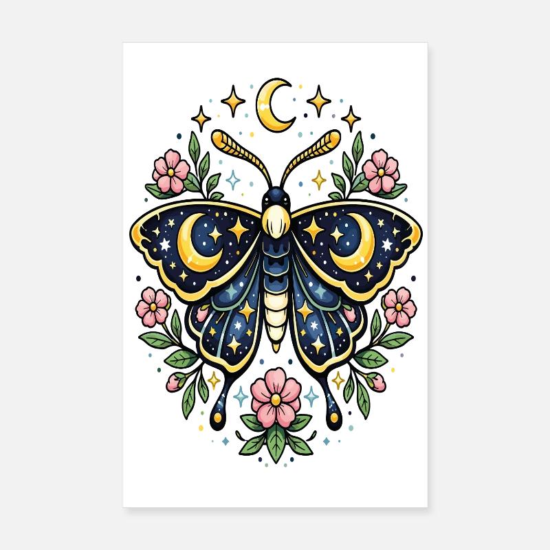 Papillon céleste lune fleurs étoiles Poster 20 x 30 cm