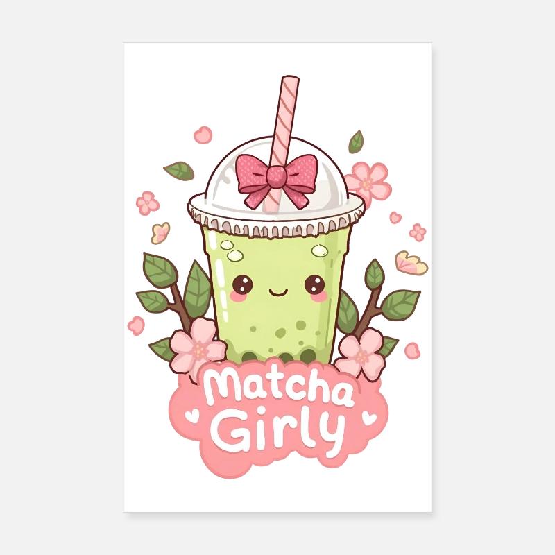 Kawaii Iced Matcha Latte with Cherry Blossoms Poster 8" x 12" (20x30 cm)