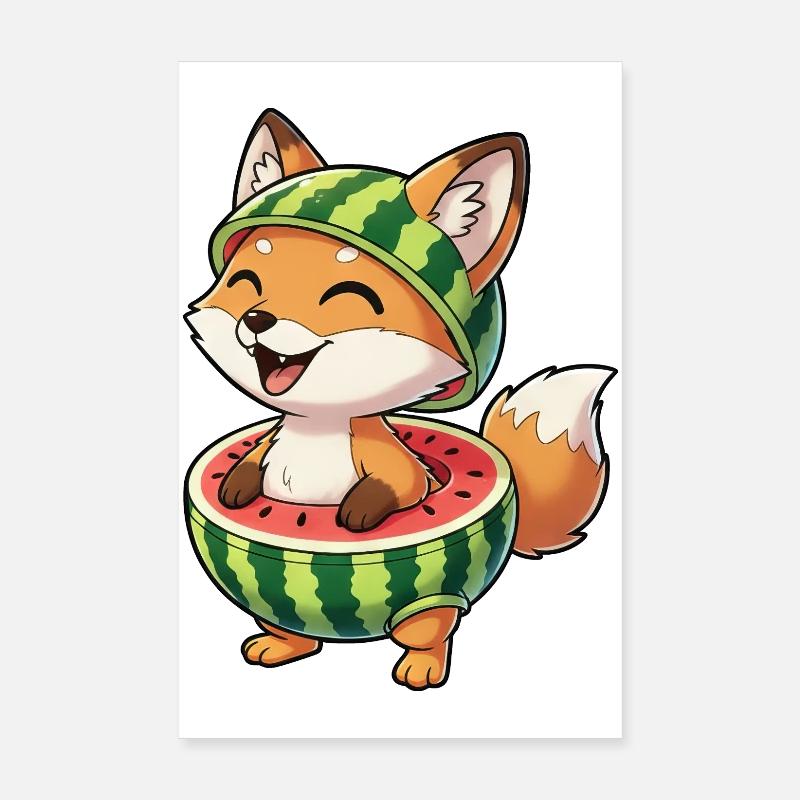 Funny fox with watermelon summer fun Poster 8" x 12" (20x30 cm)