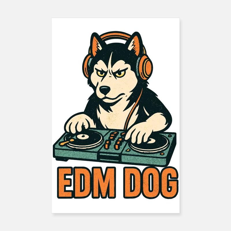 EDM Dog: Husky DJ at the mixing desk in retro style Poster 8" x 12" (20x30 cm)