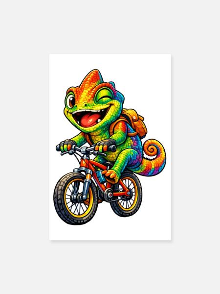 Chamäleon auf dem Fahrrad - Poster 20x30 cm - Weiß - Vorne
