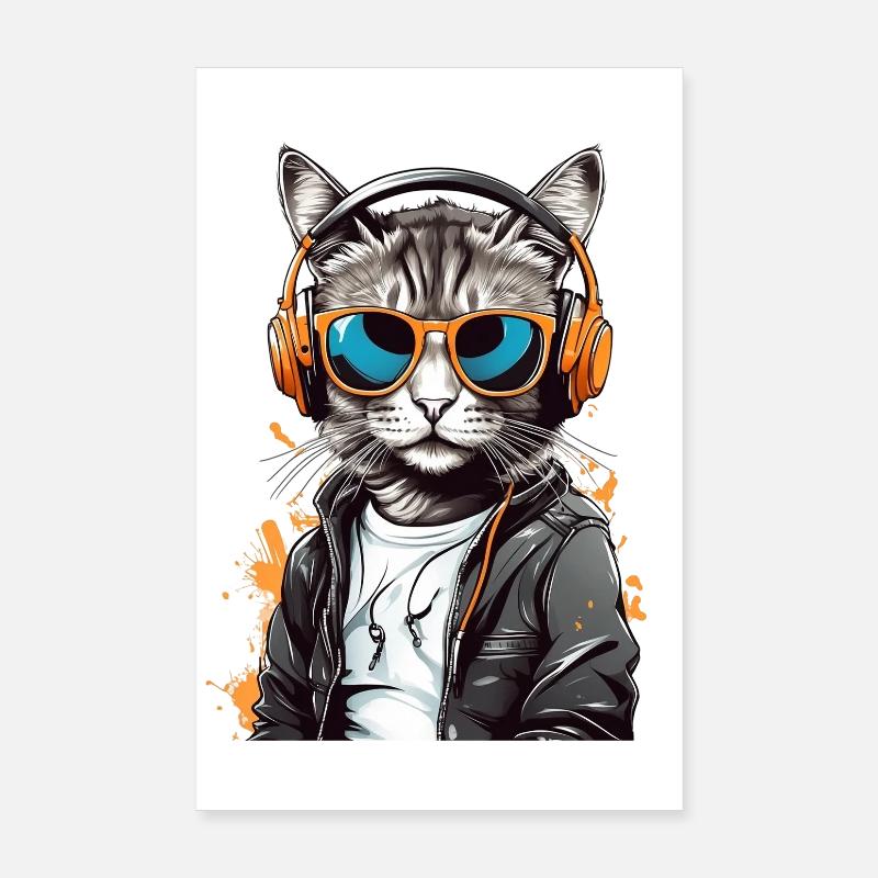 Cat DJ avec casque Poster 20 x 30 cm