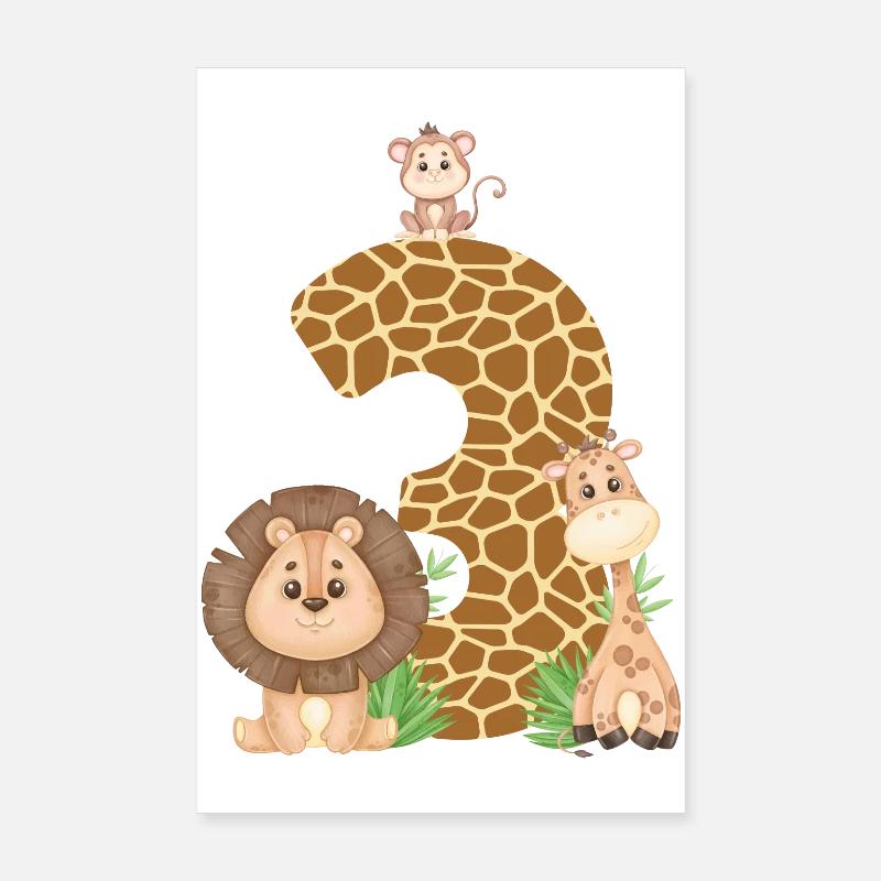 3. Geburtstag Dschungeltiere Giraffe Löwe Affe Poster 20x30 cm