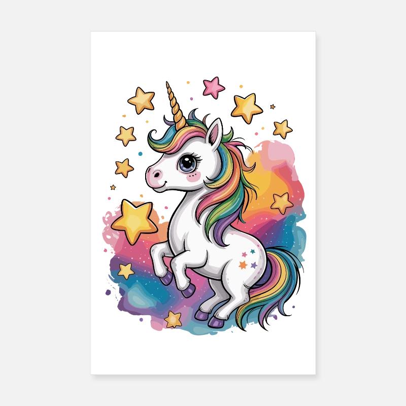 Bunter Einhorn mit Sternen und Regenbogen Poster 20x30 cm