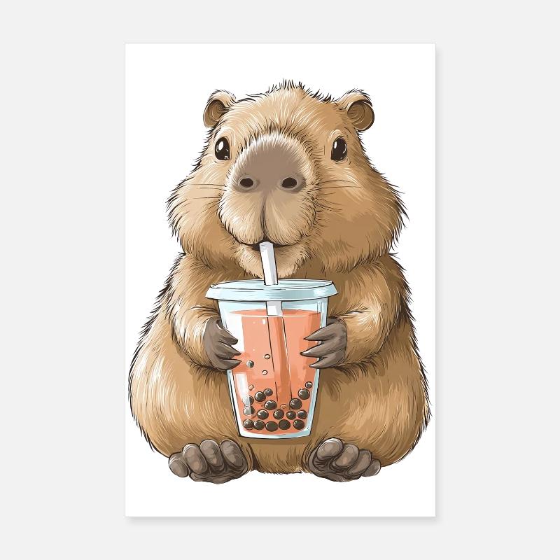 Süßes Anime Capybara Bubble Tea Boba Tea  - Poster 20x30 cm - Weiß