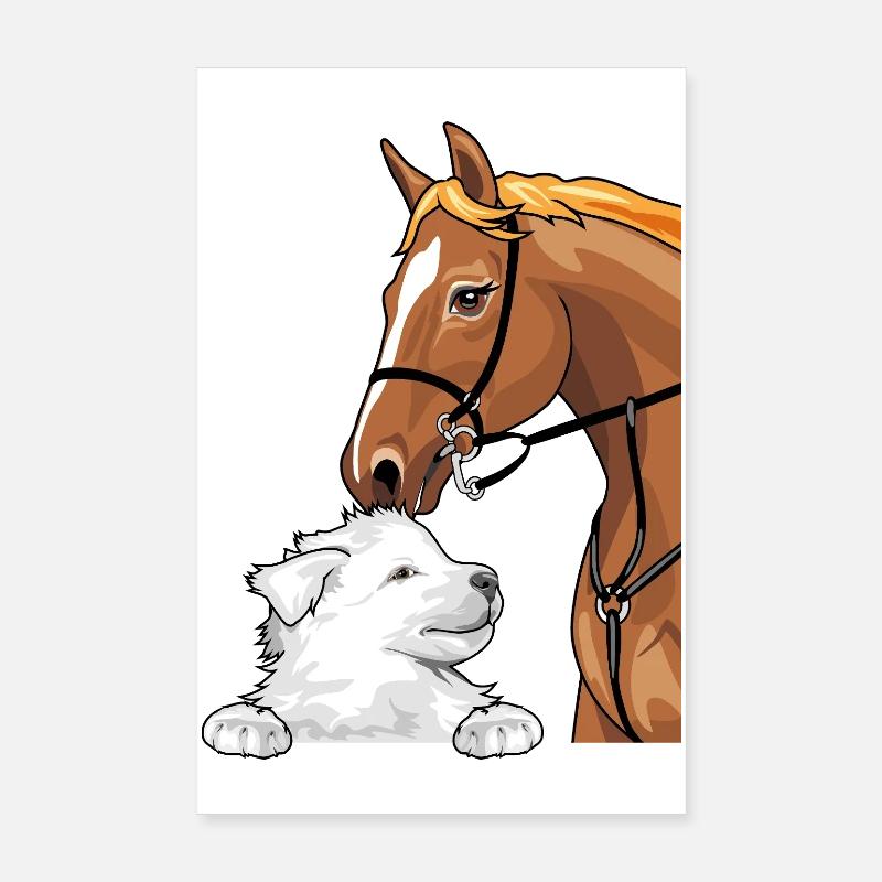 Weißer Schweizer Schäferhund und rotes Pferd Poster 20x30 cm