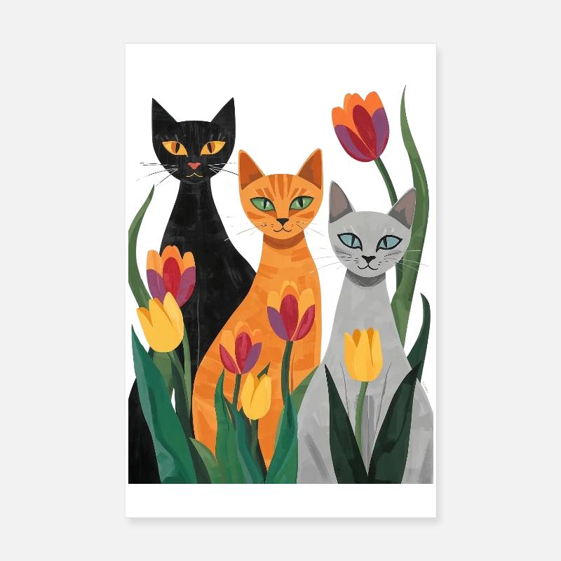 Trois chats stylisés : noir, gris, orange Poster 20 x 30 cm