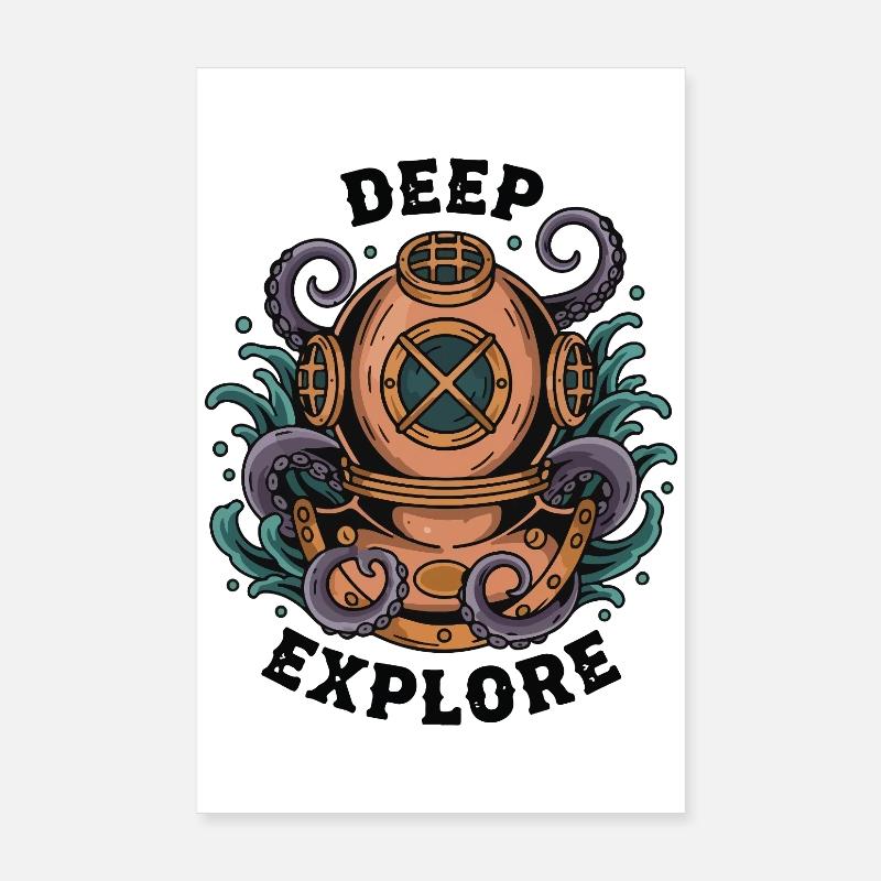 Vintage Diving Bell Deep Explore Octopus Poster 8" x 12" (20x30 cm)