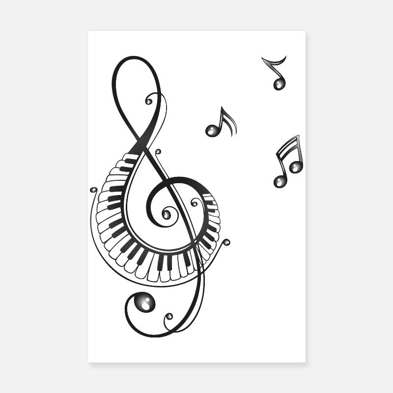Clef avec des notes, piano et de musique - Poster 20 x 30 cm - blanc
