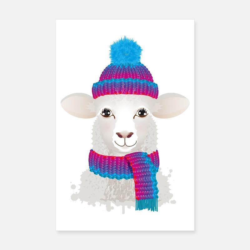 mouton blanc avec chapeau à bobble coloré et écharpe tricotée Poster 20 x 30 cm