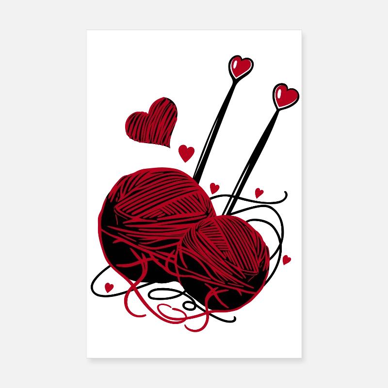 Wool, Knitting Needles and Hearts – Handmade Fan Poster 8" x 12" (20x30 cm)