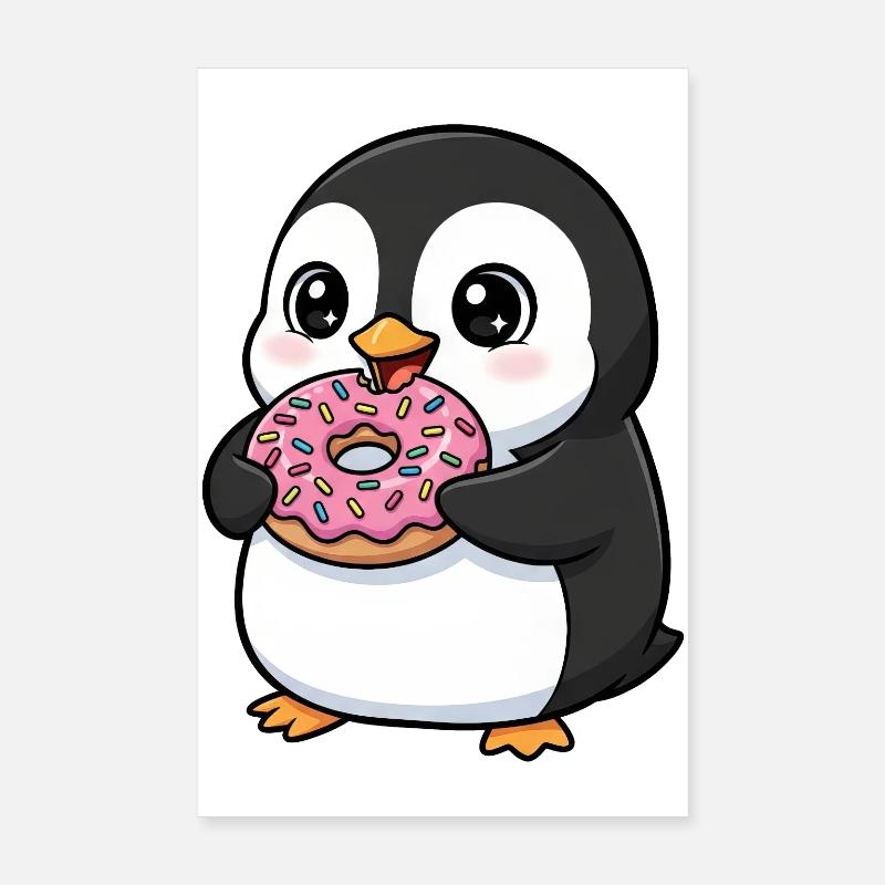 Dessin animé pingouin mignon avec beignet dessert amusant Poster 20 x 30 cm