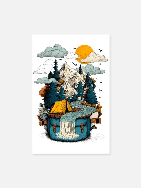 Mountain Lake Path - Camping Backpacker Motif - Poster 8" x 12" (20x30 cm) - white - Front