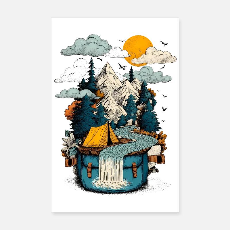 Mountain Lake Path - Camping Backpacker Motif Poster 8" x 12" (20x30 cm)