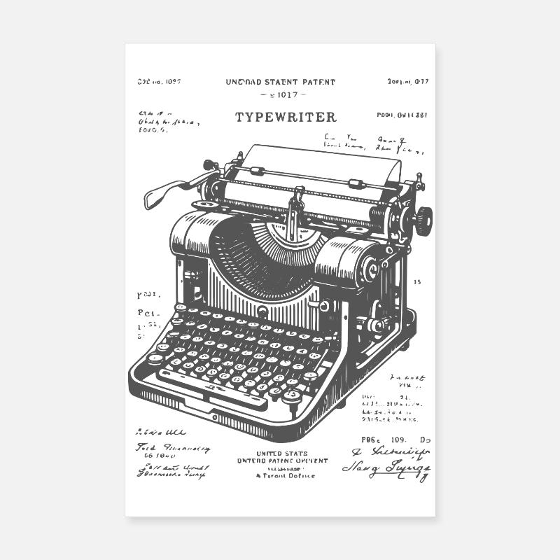 Antique Typewriter Blueprint Poster 8" x 12" (20x30 cm)