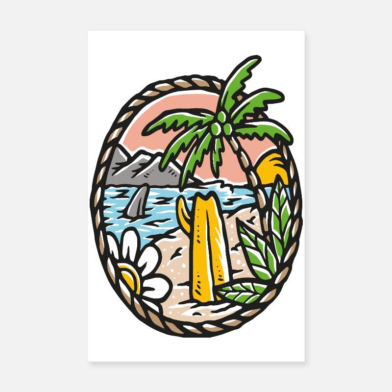 Beach Dream Palm Tree Waves Circle Frame Poster 8" x 12" (20x30 cm)