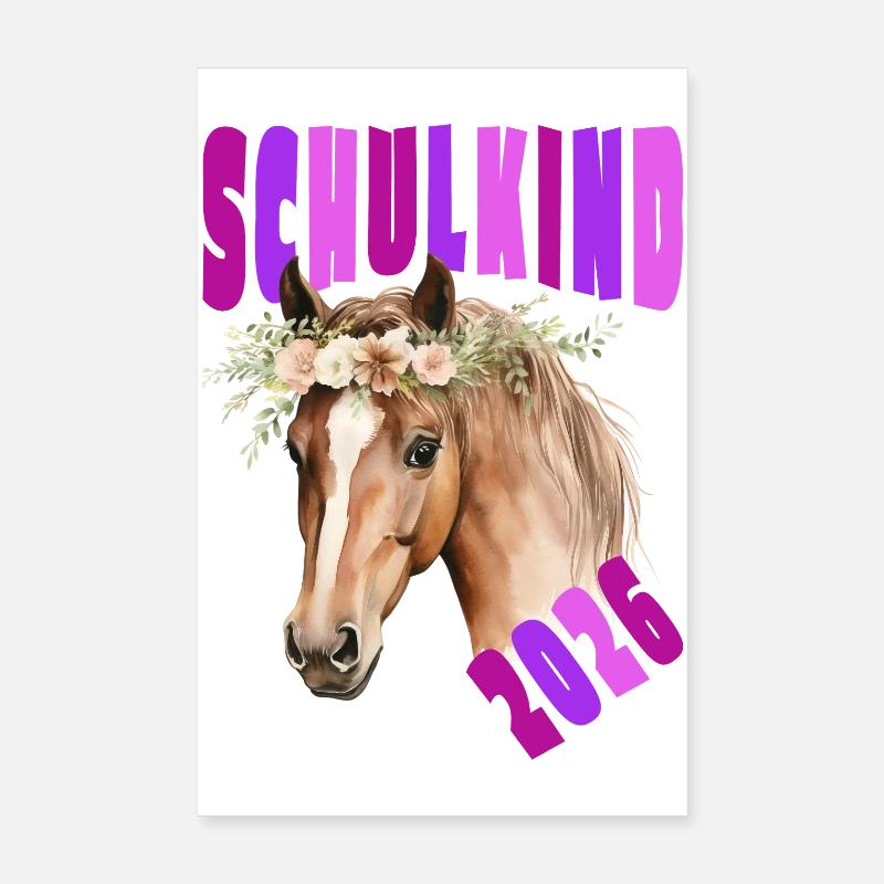 Pferd - Schulkind 2026 - Einschulung - Blumen pink Poster 20x30 cm