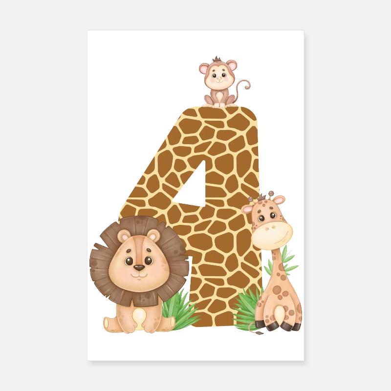 4e anniversaire : Animaux de la jungle : Girafe, Lion, Singe Poster 20 x 30 cm