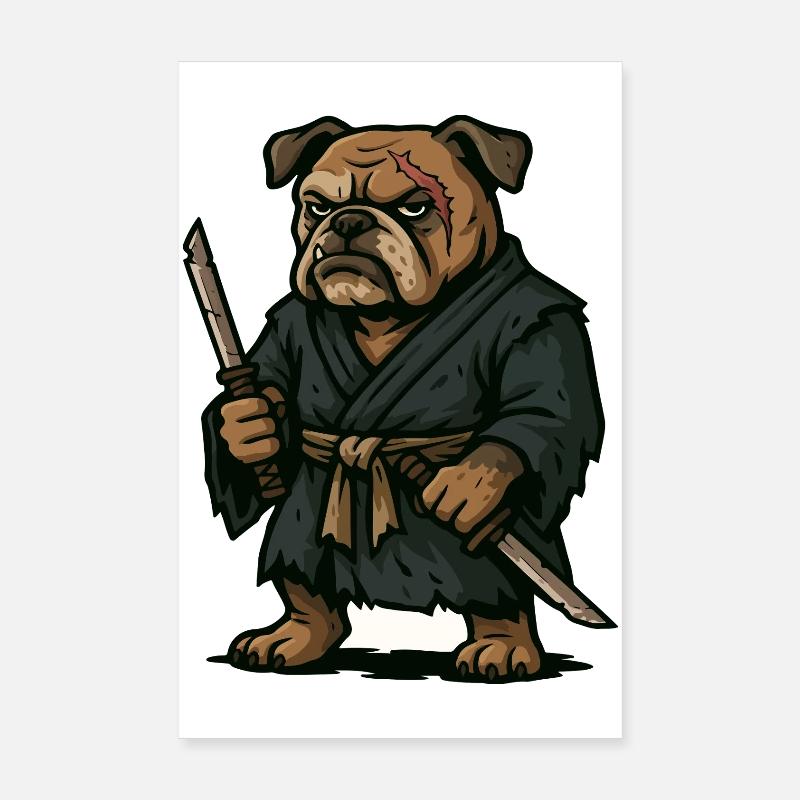 Guerrier samouraï bouledogue avec deux lames Katana Poster 20 x 30 cm