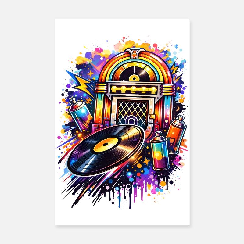 Juke-box coloré dans un style graffiti avec disque vinyle Poster 20 x 30 cm