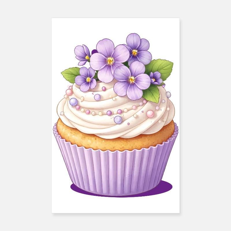 Cupcake violet avec illustration de décoration fleurie Poster 20 x 30 cm