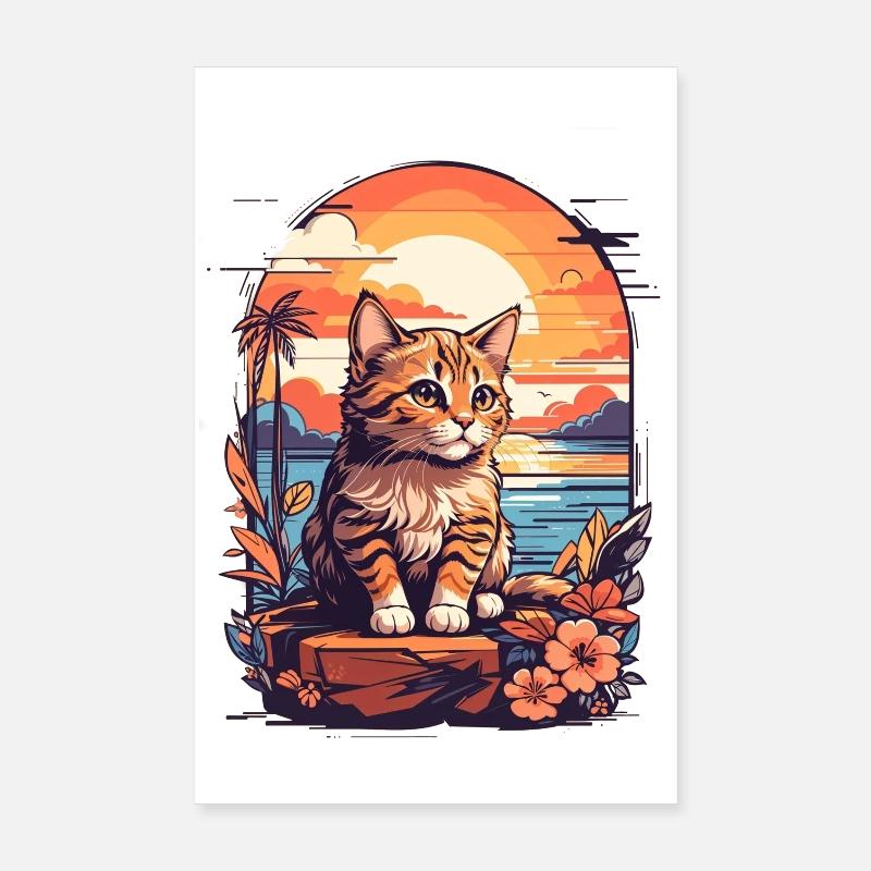 Coucher de soleil rétro plage, coucher de soleil chat au bord de la mer Poster 20 x 30 cm