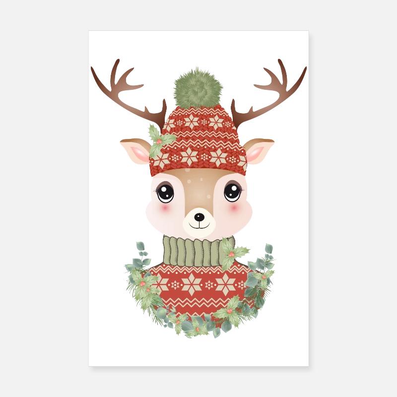 niedlicher Hirsch mit Pullover,Bommelmütze & Kranz Poster 20x30 cm