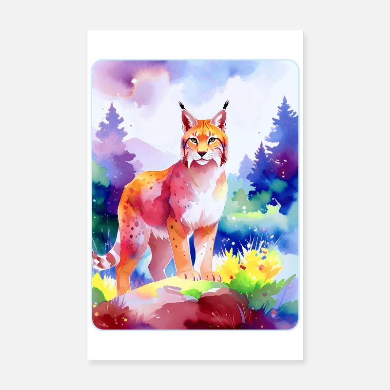 Luchs im Bergwald (Aquarell) - Poster 20x30 cm - Weiß