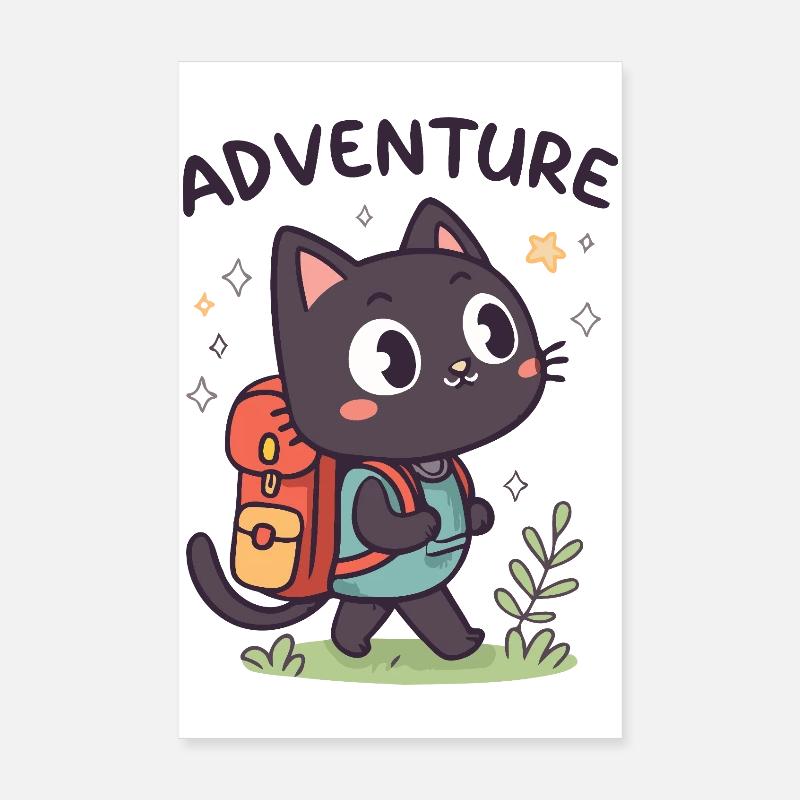 Chat Noir Aventurier avec Sac à Dos Poster 20 x 30 cm