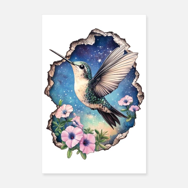 Colibri avec des fleurs - Poster 20 x 30 cm - blanc