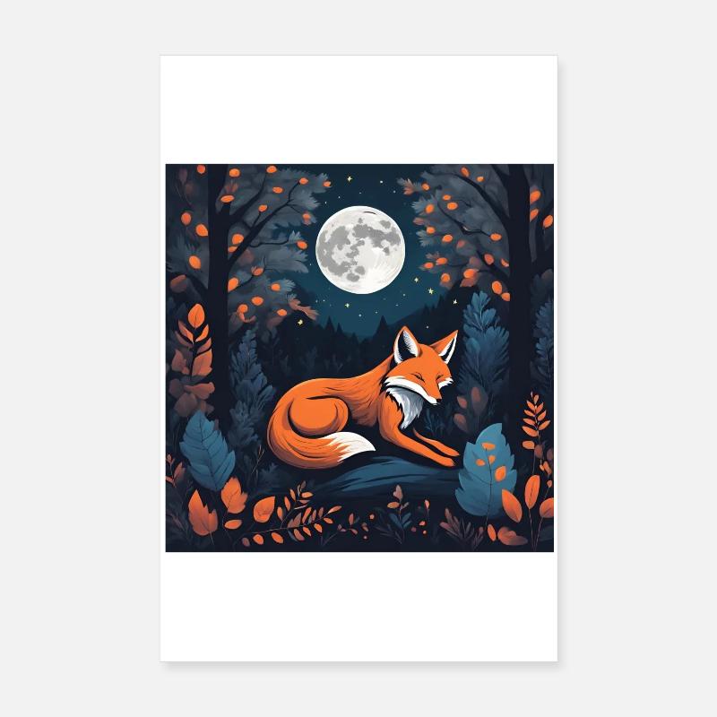 Moonlit Fox in Night Forest Poster 8" x 12" (20x30 cm)