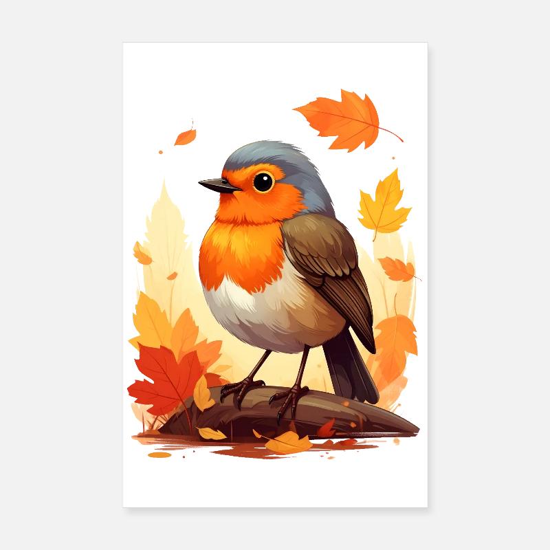 Rotkehlchen im Herbst - Poster 20x30 cm - Weiß