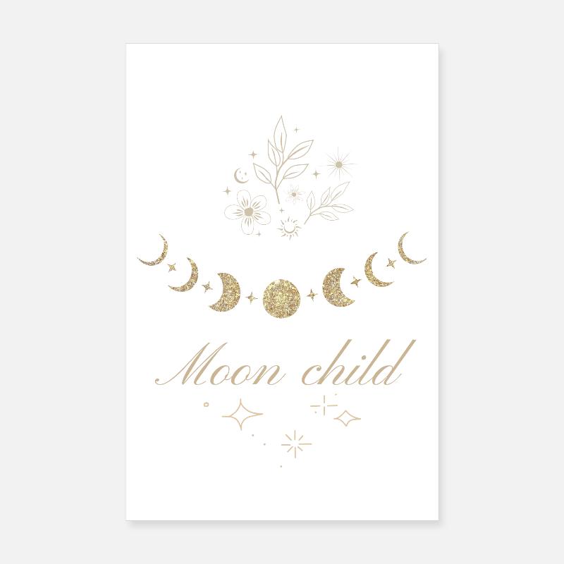 Mondphasen und Sterne mit Mondkind-Text. - Poster 20x30 cm - Weiß