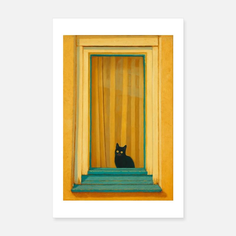 Cat in Turquoise Window Frame Poster 8" x 12" (20x30 cm)