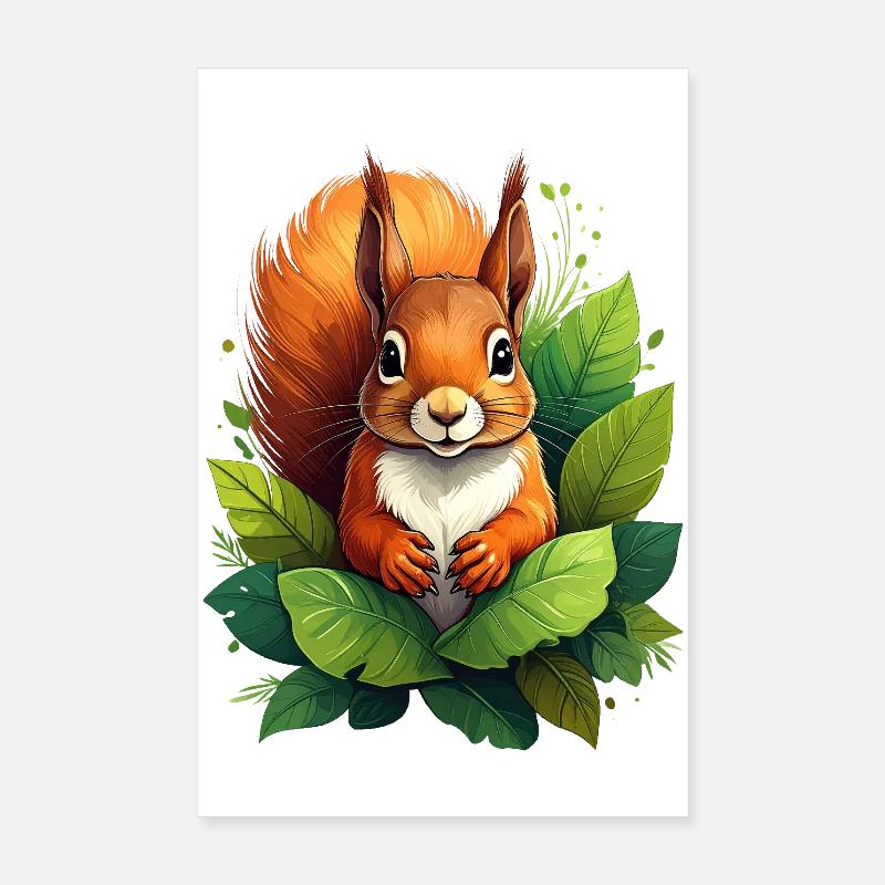 A squirrel between green leaves in the forest Poster 8" x 12" (20x30 cm)